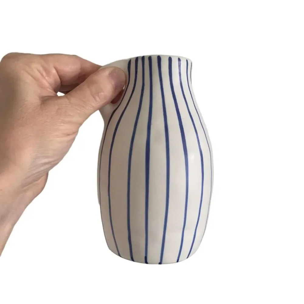 IKEA GODTAGBAR Pitcher Vase Blue Stripe Ceramic Farmhouse Scandinavian Decor